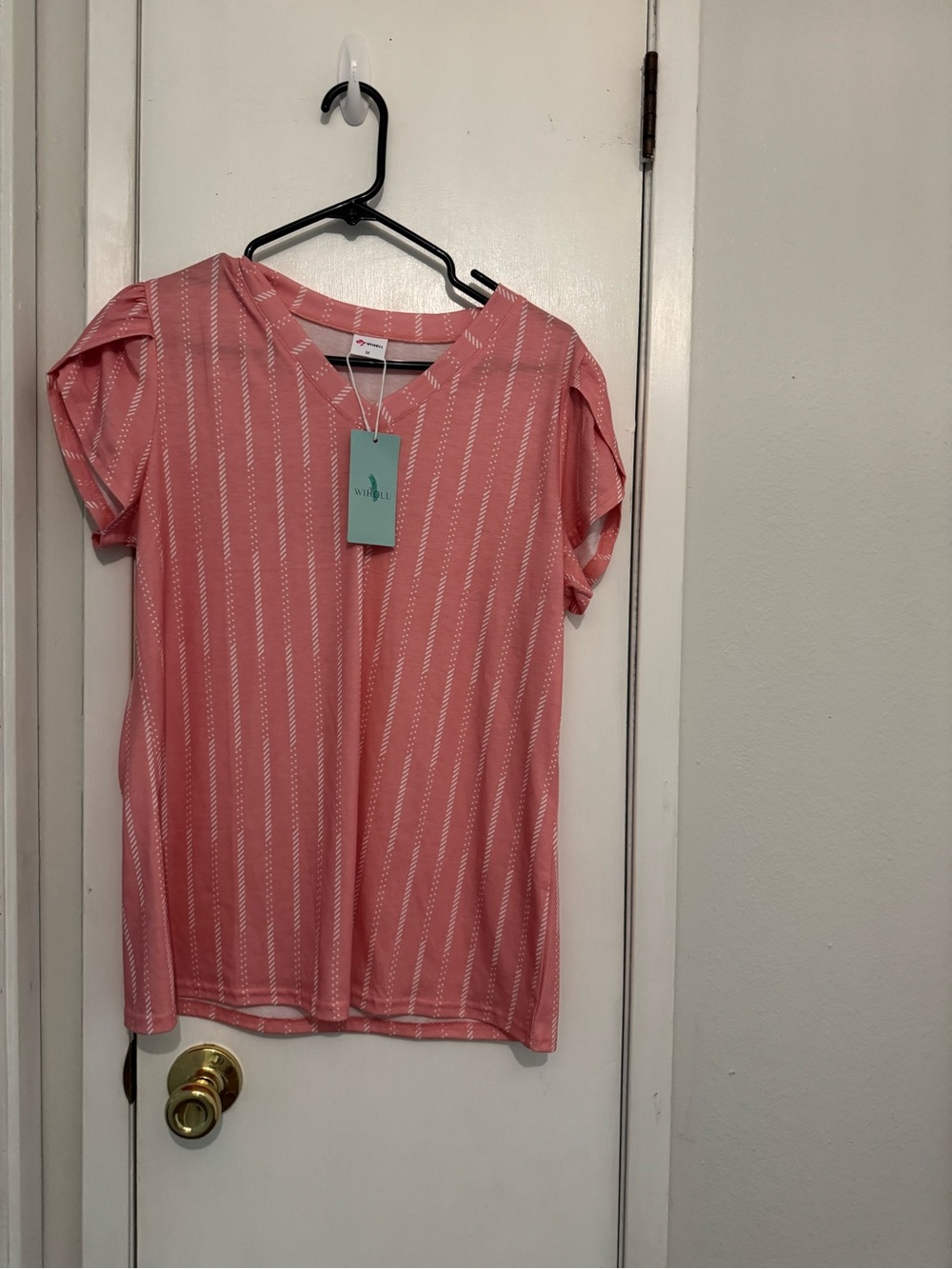 Women's Pink Stripe V-Neck Top - Wiholl Brand Size M